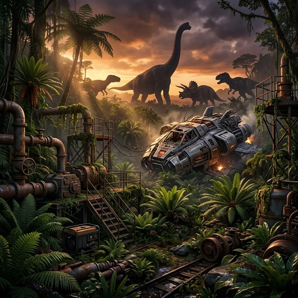 Concept art of a Cretaceous jungle with factory machinery