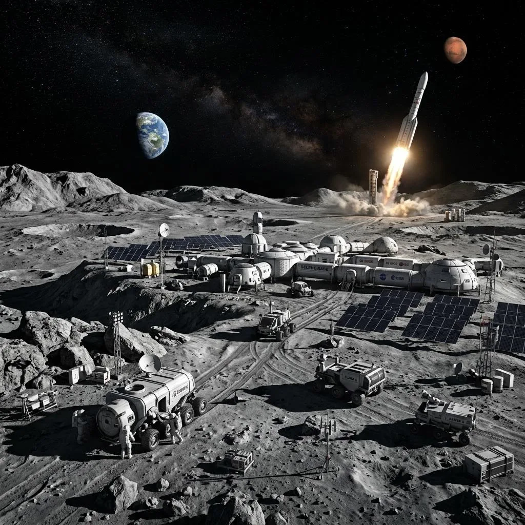 Concept art of a stark lunar base with rockets